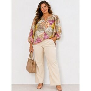 Rose + Olive Blouse 3X Patchwork Paisley Floral Smocked Button Front Top